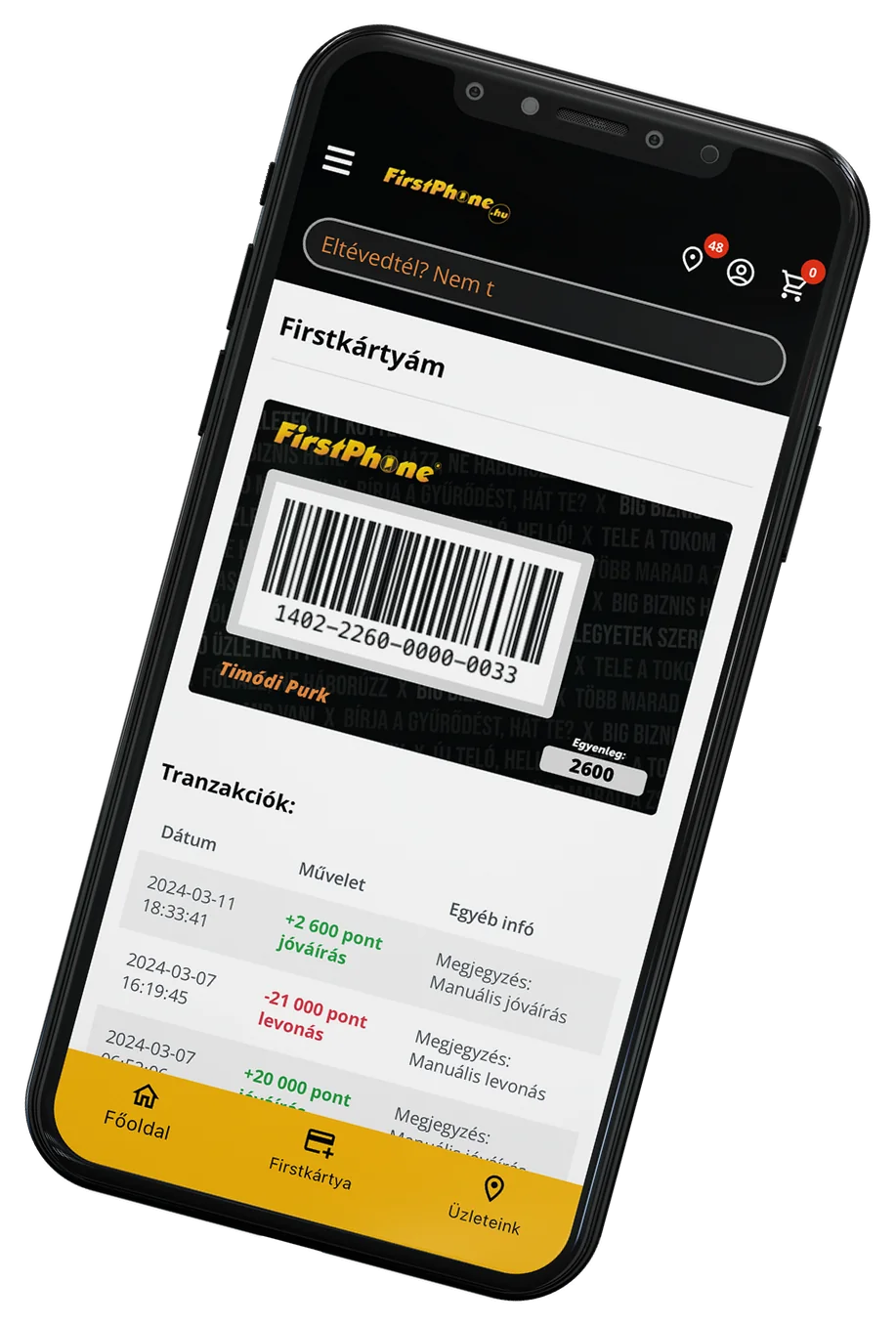 Firstkártya în FirstApp