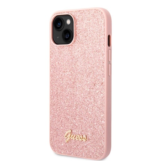 Apple iPhone 14 Guess Glitter Flakes Metal Logo husă (Roz) - GUHCP14SHGGSHP