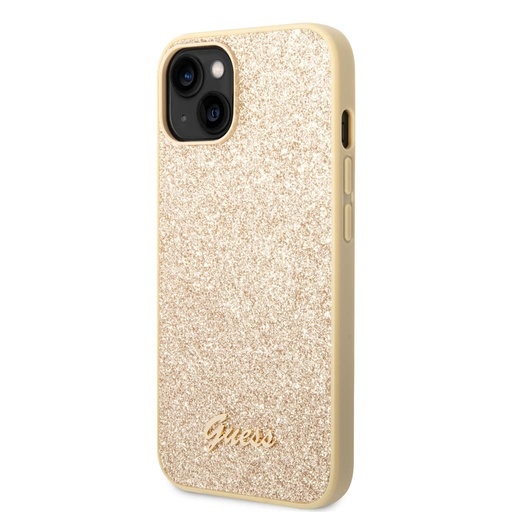 Apple iPhone 14 Plus Guess Glitter Flakes Metal Logo husă (Auriu) - GUHCP14MHGGSHD