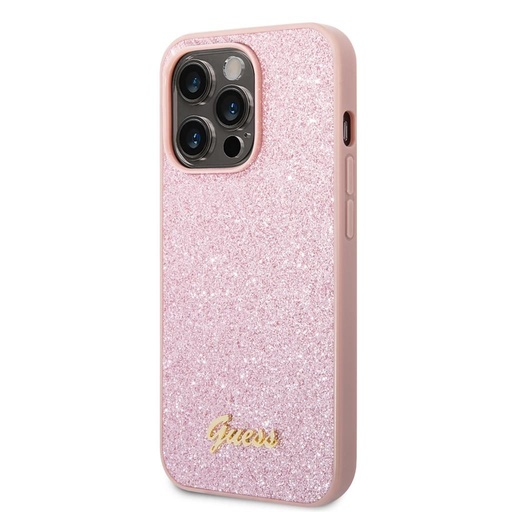 Apple iPhone 14 Pro Guess Glitter Flakes Metal Logo husă (Roz) - GUHCP14LHGGSHP