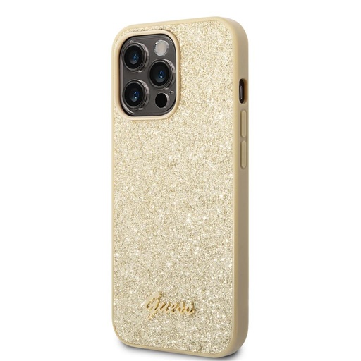 Apple iPhone 14 Pro Max Guess Glitter Flakes Metal Logo husă (Auriu) - GUHCP14XHGGSHD