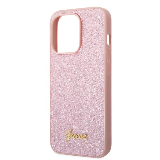 Apple iPhone 14 Pro Max Guess Glitter Flakes Metal Logo husă (Roz) - GUHCP14XHGGSHP