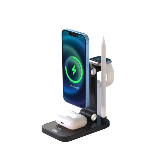 XO TK23 digital cu ecran magnetic 4 az 1-ben încărcător (Negru) – 15W pentru telefon, 5W pentru căști, 2.5W pentru ceas inteligent, 2W capacitiv
