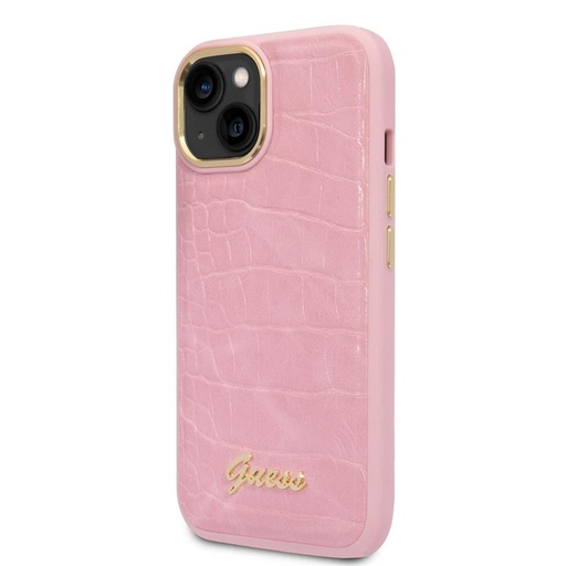 Apple iPhone 14 Plus Guess PU Croco husă metal cameră cu ramă (Roz) - GUHCP14MHGCRHP