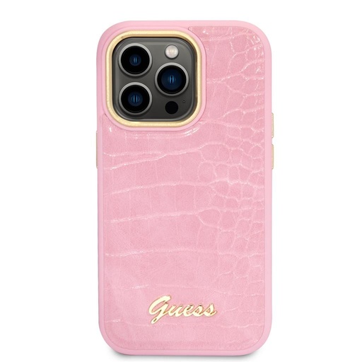 Apple iPhone 14 Pro Max Guess PU Croco husă metal cameră cu ramă (Roz) - GUHCP14XHGCRHP