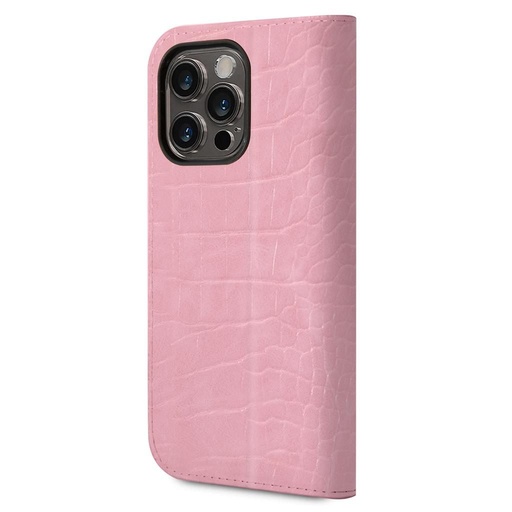 Apple iPhone 14 Pro Max Guess PU Croco husă format carte metal cameră cu ramă (Roz) - GUBKP14XHGCRHP
