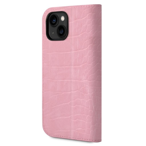 Apple iPhone 14 Plus Guess PU Croco husă format carte metal cameră cu ramă (Roz) - GUBKP14MHGCRHP