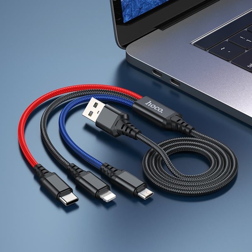 Hoco X76 3in1 cablu (microUSB + type-C + lightning), negru/roșu/albastru