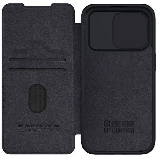 Apple iPhone 15 Pro Nillkin Qin pro cu protecție cameră husă tip carte (Negru)