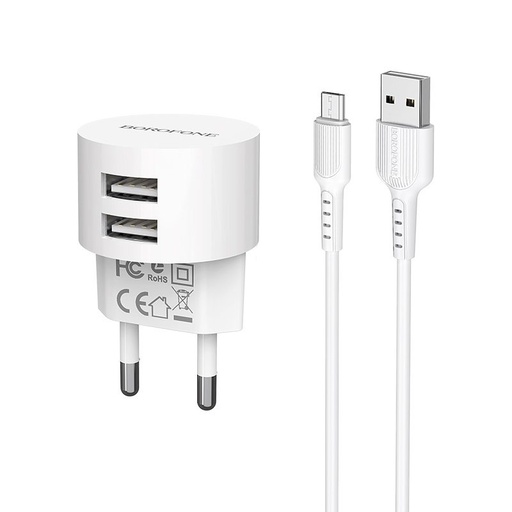 Borofone BA23A de rețea încărcător (2 USB port, microUSB cablu), 5V 2,4A, alb