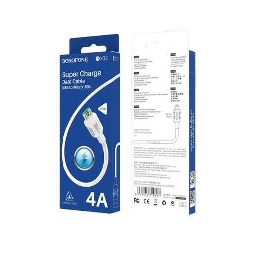 Borofone BX33 microUSB cablu (încărcător rapid), 4A, 1,2m, alb