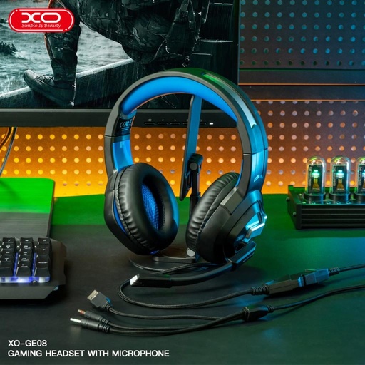 XO GE08 cu fir gamer căști, USB+3,5mm Jack cu conector, RGB cu iluminare negru