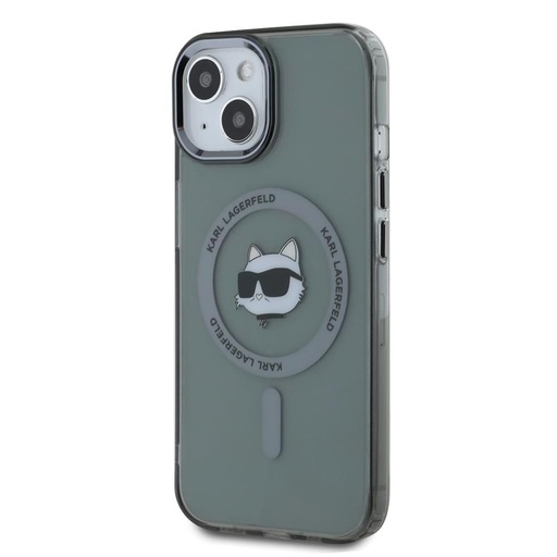 Apple iPhone 15 Karl Lagerfeld IML Choupette Head Metal Frame MagSafe husă (Negru) – KLHMP15SHLSCHK