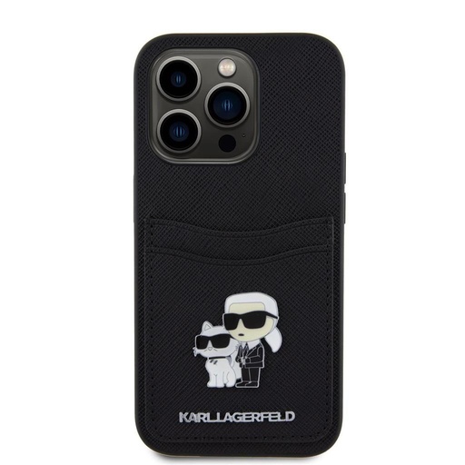 Apple iPhone 15 Pro Karl Lagerfeld PU Saffiano Card Slot Metal Karl and Choupette husă (Negru) – KLHCP15LSAPKCNPK
