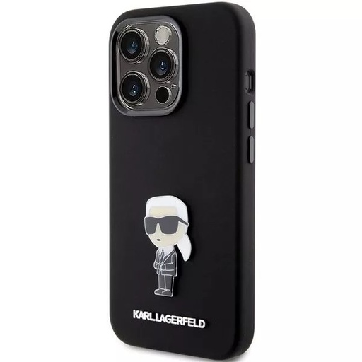 Apple iPhone 15 Pro Karl Lagerfeld Silicone Iconic Metal Pin husă spate (Negru - KLHCP15LSMHHKNPK)