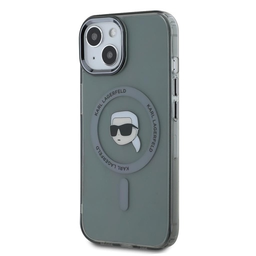 Apple iPhone 15 Karl Lagerfeld IML Karl Head Metal Frame MagSafe husă (Negru) – KLHMP15SHLSKIK