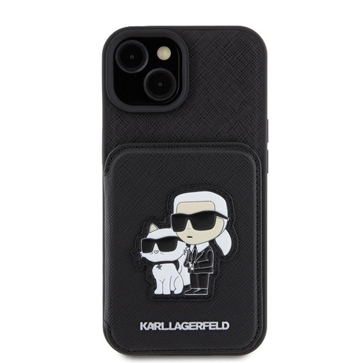 Apple iPhone 15 Karl Lagerfeld PU Saffiano Card Slot Stand Karl and Choupette husă (Negru) – KLHCP15SSAKCSCK