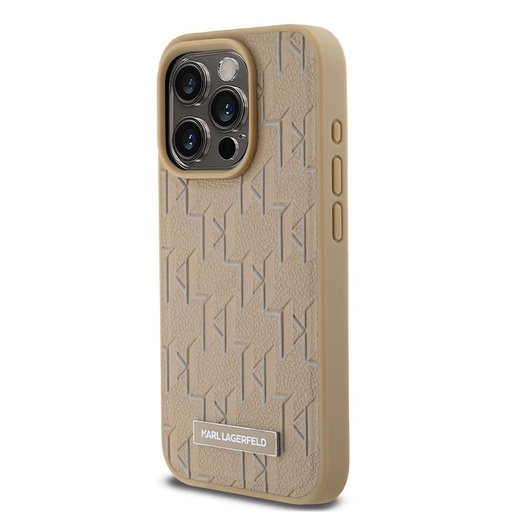 Apple iPhone 15 Pro Karl Lagerfeld PU Leather Monogram Metal Logo MagSafe husă (Bej) – KLHMP15LPKHPORPE