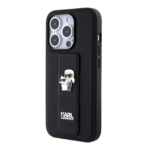 Apple iPhone 15 Pro Max Karl Lagerfeld Saffiano Grip Stand Metal Logo husă (Negru) – KLHCP15XGSAKCPK