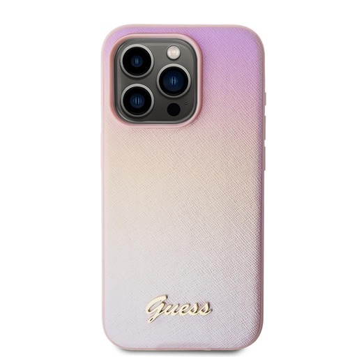 Apple iPhone 15 Pro Guess PU Leather Iridescent Metal Script husă (Roz) - GUHCP15LPSAIRSP