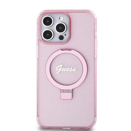 Apple iPhone 15 Pro Max Guess IML Ring Stand Glitter MagSafe husă (Roz) - GUHMP15XHRSGSP