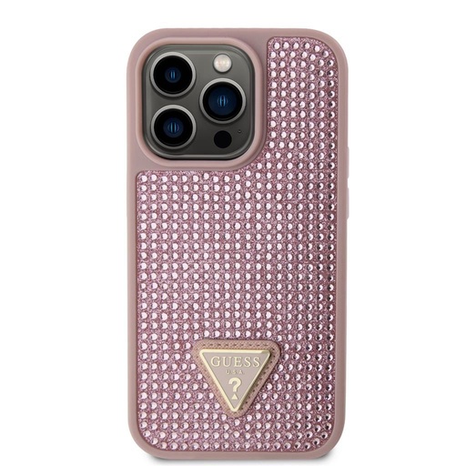 Apple iPhone 15 Pro Guess Rhinestones Triangle Metal Logo husă (Roz) - GUHCP15LHDGTPP