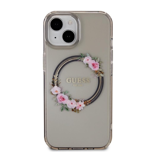 Apple iPhone 15 Guess Flowers Ring MagSafe husă (Negru) - GUHMP15SHFWFCK