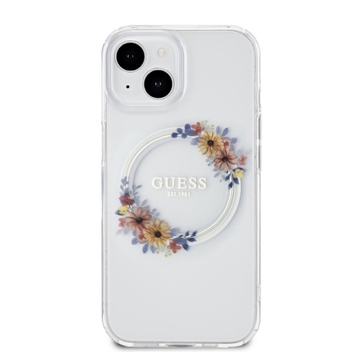 Apple iPhone 15 Guess Flowers Ring MagSafe husă (Transparent) - GUHMP15SHFWFCT