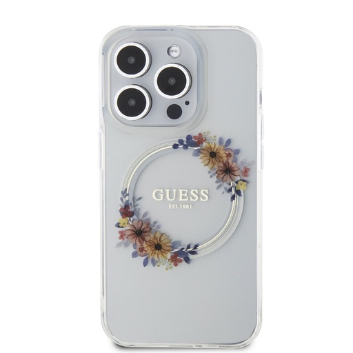 Apple iPhone 15 Pro Max Guess Flowers Ring MagSafe husă (Transparent) - GUHMP15XHFWFCT