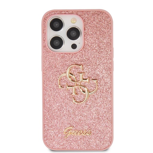 Apple iPhone 15 Pro Guess PU Fixed Glitter 4G Metal Logo husă (Roz) - GUHCP15LHG4SGP