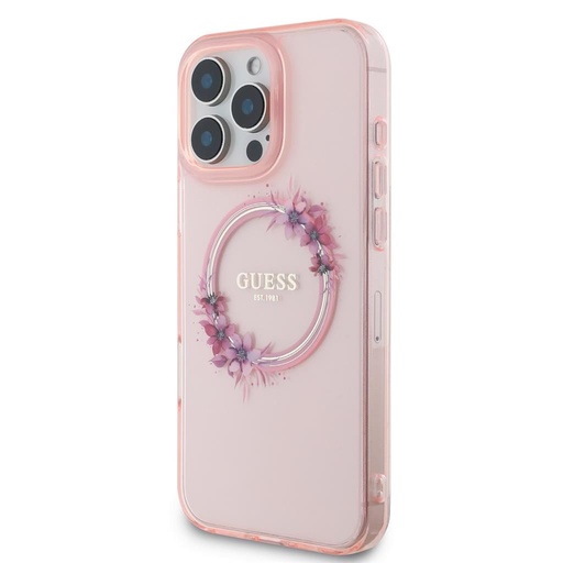 Apple iPhone 16 Pro Guess IML Flowers Ring MagSafe husă (Roz) - GUHMP16LHFWFCP