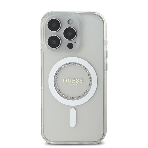 Apple iPhone 16 Pro Max Guess IML Rhinestones Ring MagSafe husă (Roz) - GUHMP16XPFTDTEP