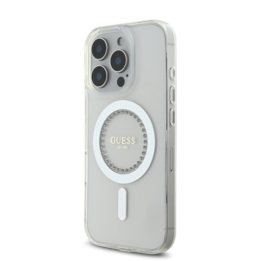 Apple iPhone 16 Pro Guess IML Rhinestones Ring MagSafe husă (Alb) - GUHMP16LPFTDTEH