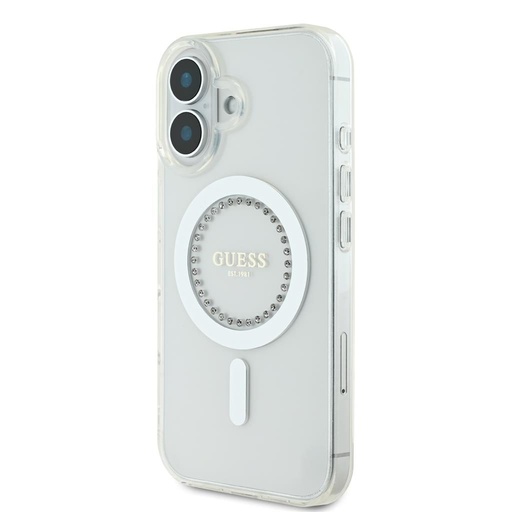 Apple iPhone 16 Guess IML Rhinestones Ring MagSafe husă (Alb) - GUHMP16SPFTDTEH