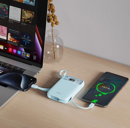 XO PR243 power bank 10000 mAh (Albastru) – încărcare rapidă 22.5W, digital ecran, USB-C és Lightning cablu