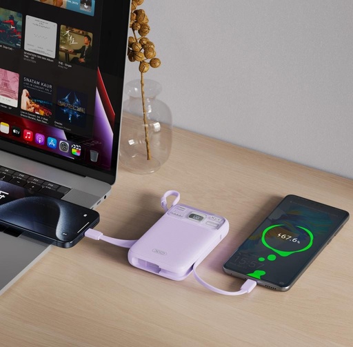 XO PR243 power bank 10000 mAh (Mov) – încărcare rapidă 22.5W, digital ecran, USB-C și Lightning cablu