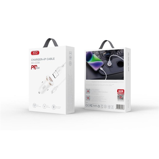 XO CC56 auto încărcător rapid, PD & QC conector + lightning cablu 30W (Alb)