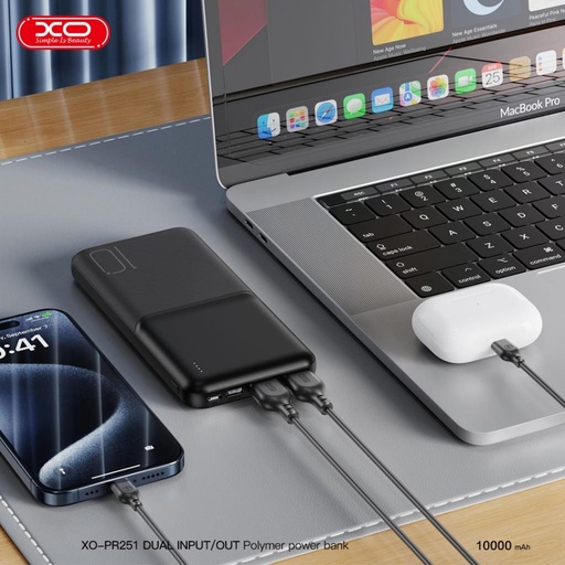XO PR251 power bank 10000mAh (negru) – LED ecran, 2×USB ieșire, Type-C és microUSB intrare