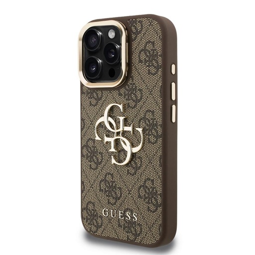 Apple iPhone 15 Pro Max Guess PU 4G Metal Logo Stand Camera Frame husă (Maro) - GUHCP15XPCS4GP4W