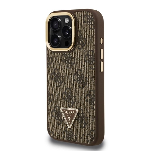 Apple iPhone 15 Pro Max Guess PU 4G Strass Triangle Logo Stand Camera Frame MagSafe husă (Maro) - GUHMP15XPCS4GPTW