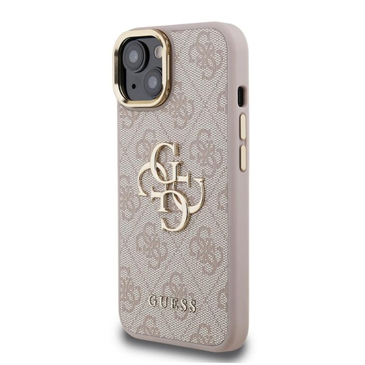 Apple iPhone 15 Guess PU 4G Metal Logo Stand Camera Frame husă (Roz) - GUHCP15SPCS4GP4P