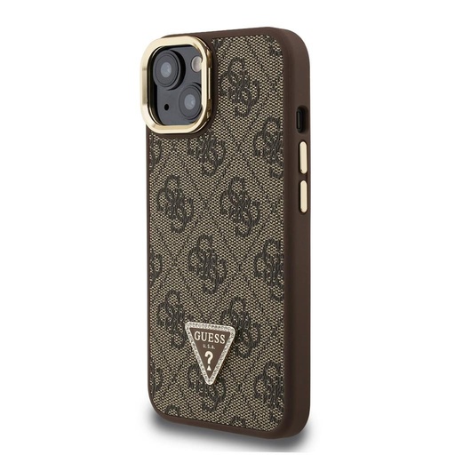 Apple iPhone 15 Guess PU 4G Strass Triangle Logo Stand Camera Frame MagSafe husă (Maro) - GUHMP15SPCS4GPTW