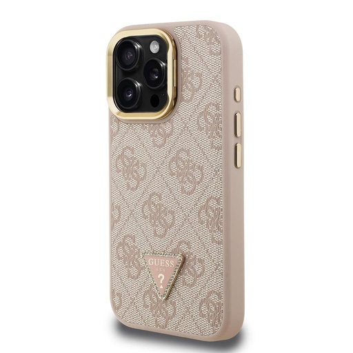 Apple iPhone 15 Pro Guess PU 4G Strass Triangle Logo Stand Camera Frame MagSafe husă (Roz) - GUHMP15LPCS4GPTP