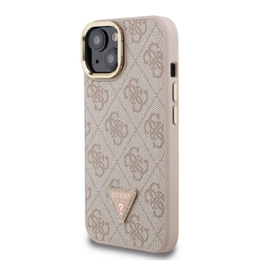 Apple iPhone 15 Guess PU 4G Strass Triangle Logo Stand Camera Frame MagSafe husă (Roz) - GUHMP15SPCS4GPTP