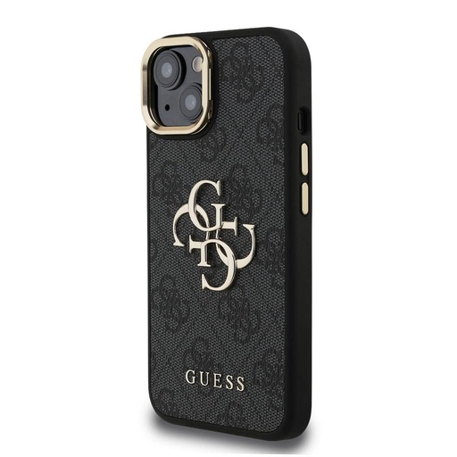 Apple iPhone 15 Guess PU 4G Metal Logo Stand Camera Frame husă (Negru) - GUHCP15SPCS4GP4K