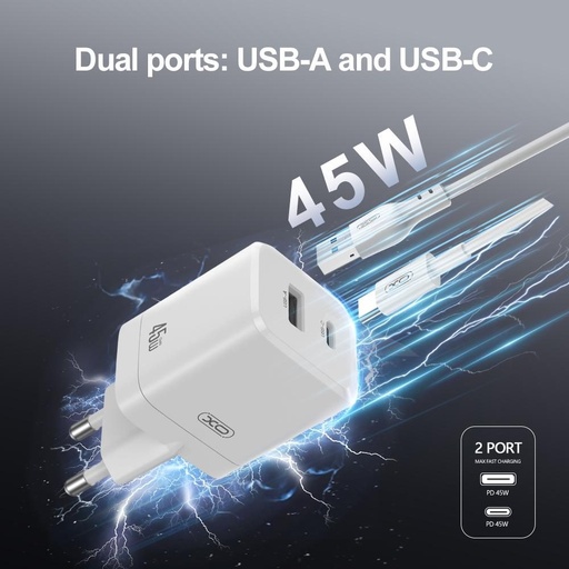 XO CE36 GaN de perete încărcător 45W 1x USB-C + 1x USB-A + Type-C cablu (Alb)