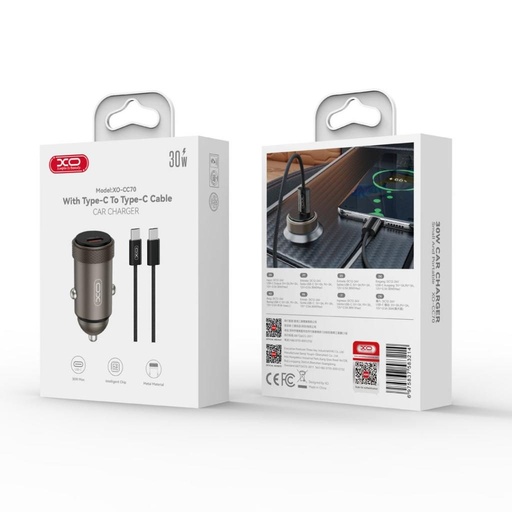 XO CC70 auto încărcător PD 30W 1×USB-C + USB-C – USB-C cablu (Negru)