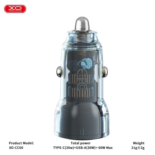 XO CC60 auto încărcător 60W 1×USB + 1×USB-C (Albastru)