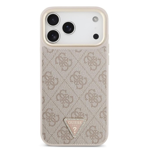 Guess PU Leather 4G Strass Triangle Logo Auriu Frame MagSafe husă iPhone 17 Pro Max (Roz)