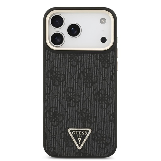Guess PU Leather 4G Strass Triangle Logo Auriu Frame MagSafe husă iPhone 17 Pro Max (Negru)